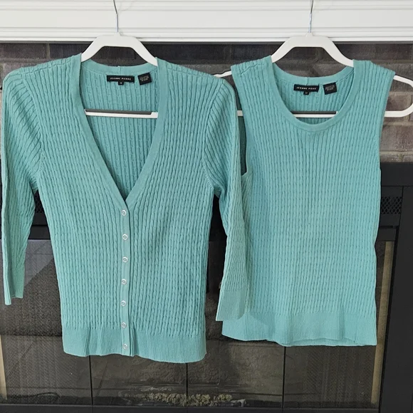 JEANNE PIERRE Teal Ribbed Tank And Cardigan Set - Picture 1 of 2